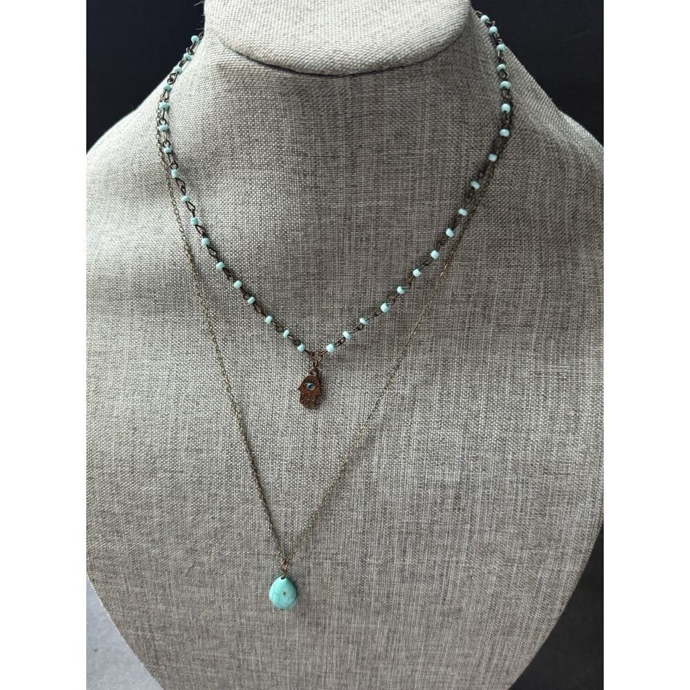 Vintage Hamsa Hand Faux Turquoise Beaded Necklace Layered 2 Strand Chain Boho